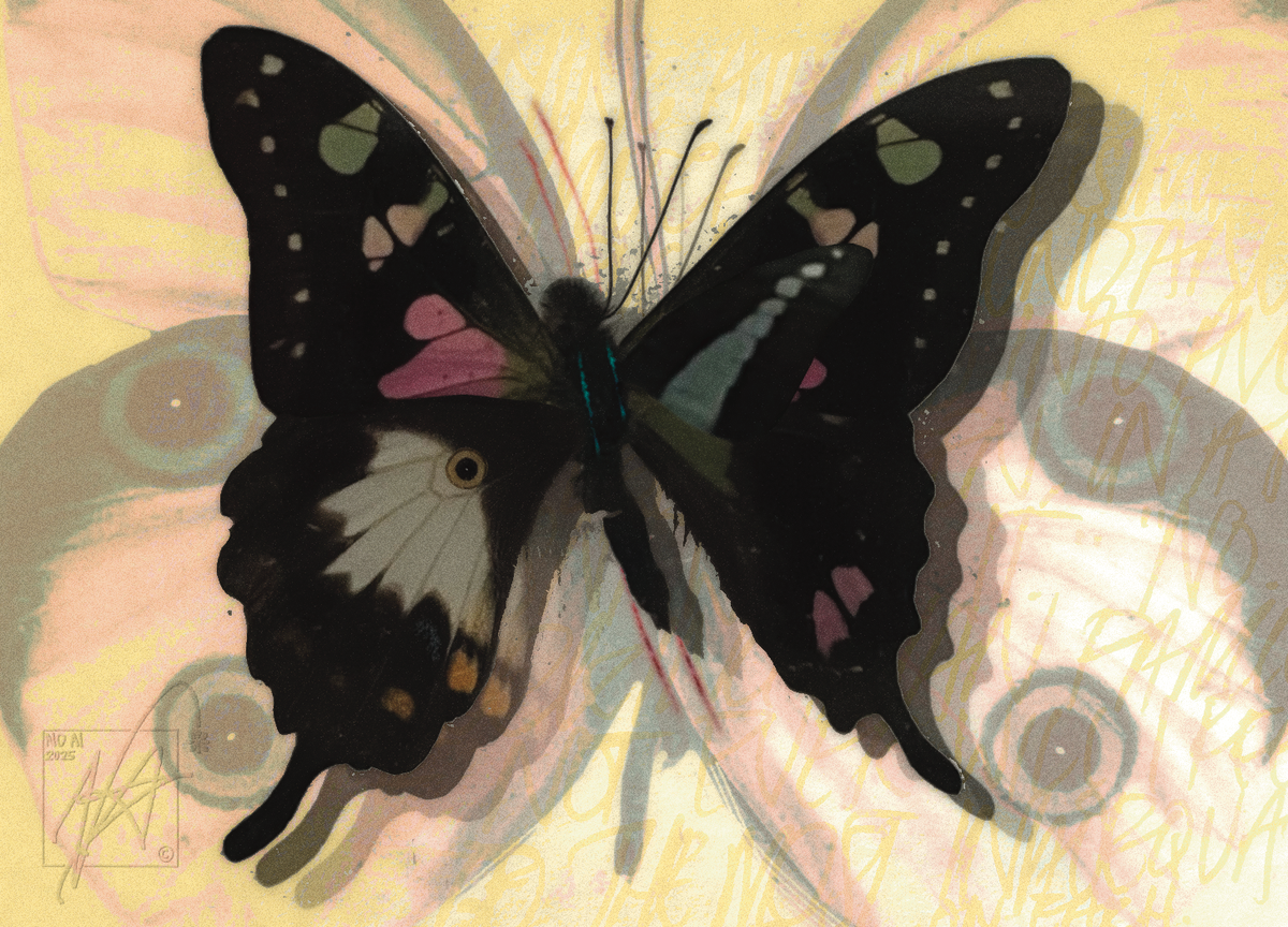 A photo-bashed butterfly with mismatched wings on a pale yellow background of a lighter butterfly with eye-like markings.