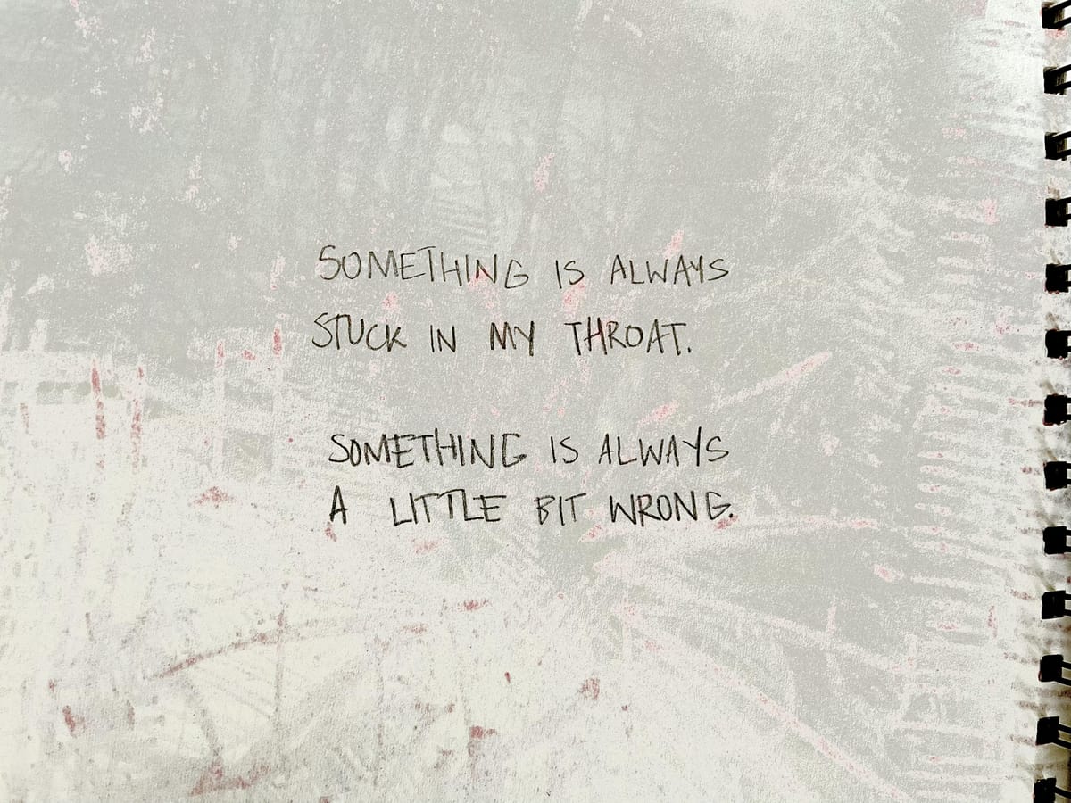 In all caps, the words "Something is always stuck in my throat. Something is always a little bit wrong." are written on sketchbook paper.