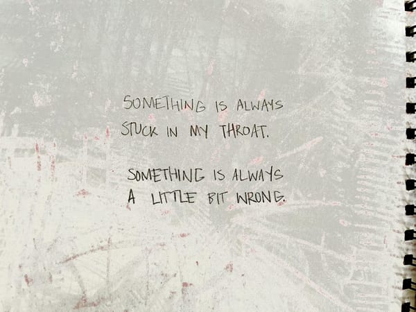 In all caps, the words "Something is always stuck in my throat. Something is always a little bit wrong." are written on sketchbook paper.